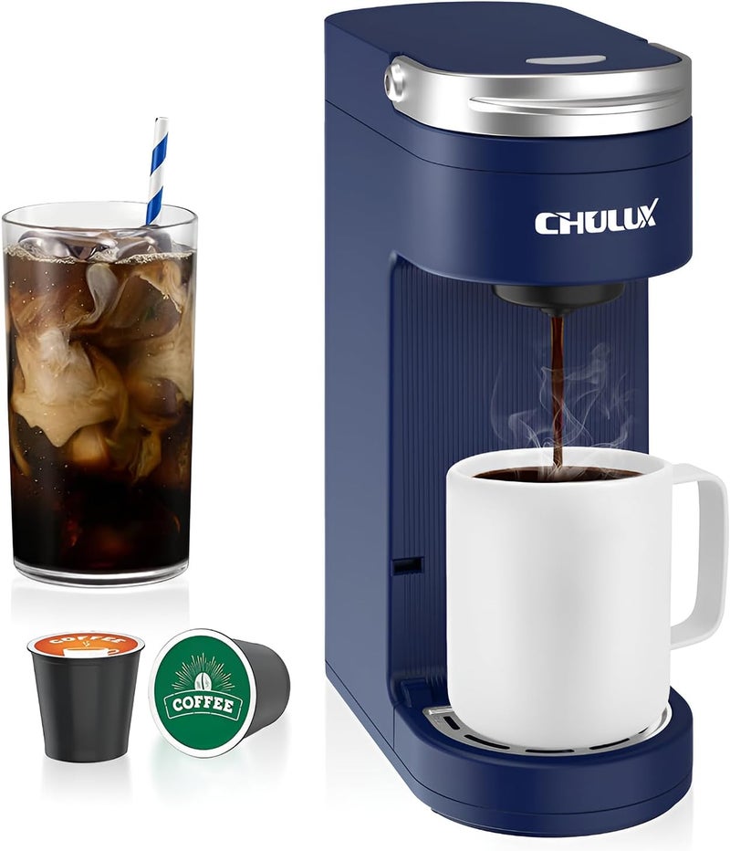 CHULUX Slim Single Serve Coffee Maker for K Pods, One Cup Coffee Maker Fits 7.3" Travel Mugs, Coffee Machine with 6 to 12oz Brew Sizes, Navy Blue - Image 1